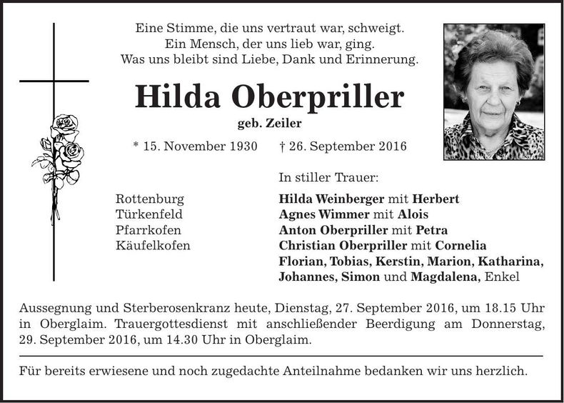 Traueranzeige Hilda Oberpriller