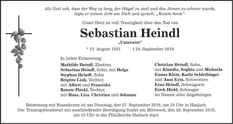 Traueranzeige Sebastian Heindl
