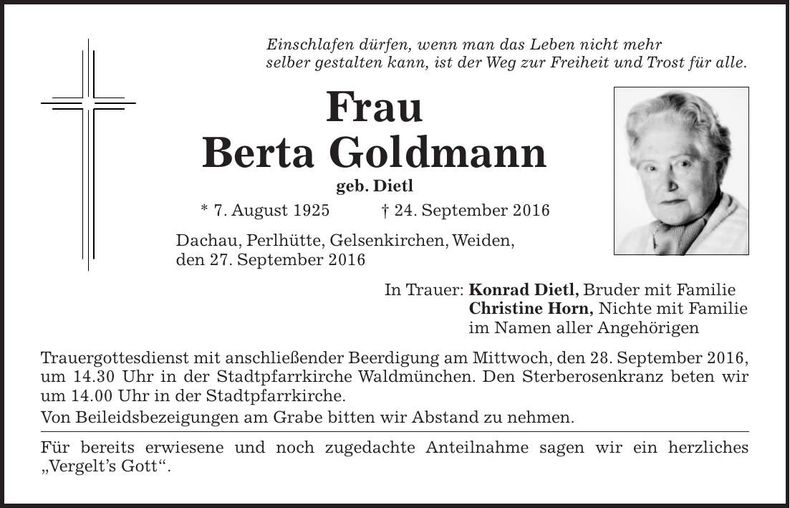 Traueranzeige Berta Goldmann