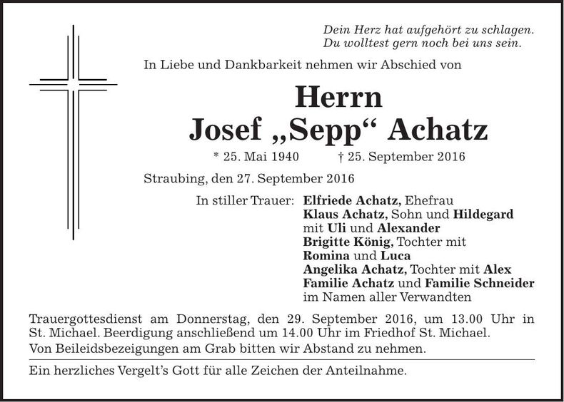 Traueranzeige Josef "Sepp" Achatz