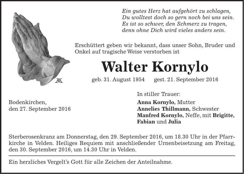 Traueranzeige Walter Kornylo