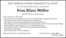 Traueranzeige Klara Müller