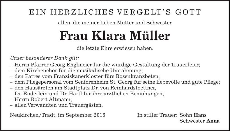 Traueranzeige Klara Müller