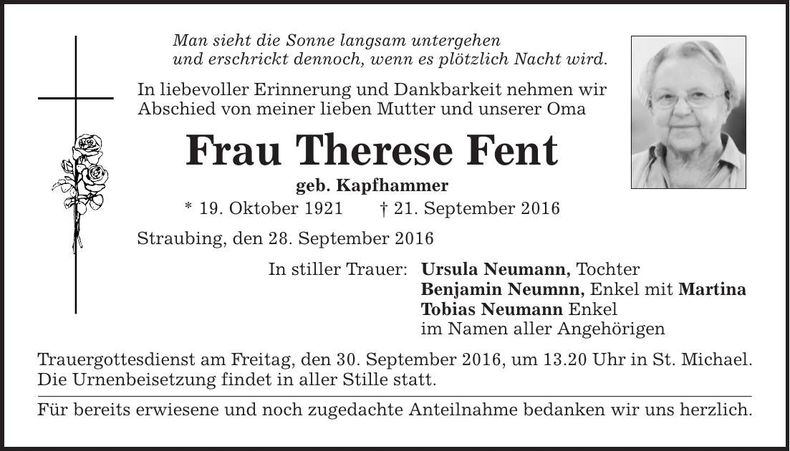 Traueranzeige Therese Fent