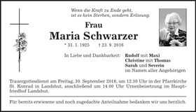 Traueranzeige Maria Schwarzer