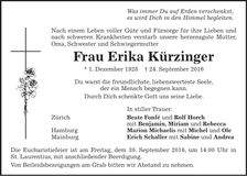 Traueranzeige Erika Kürzinger