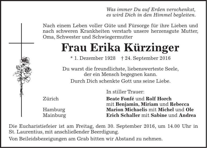 Traueranzeige Erika Kürzinger