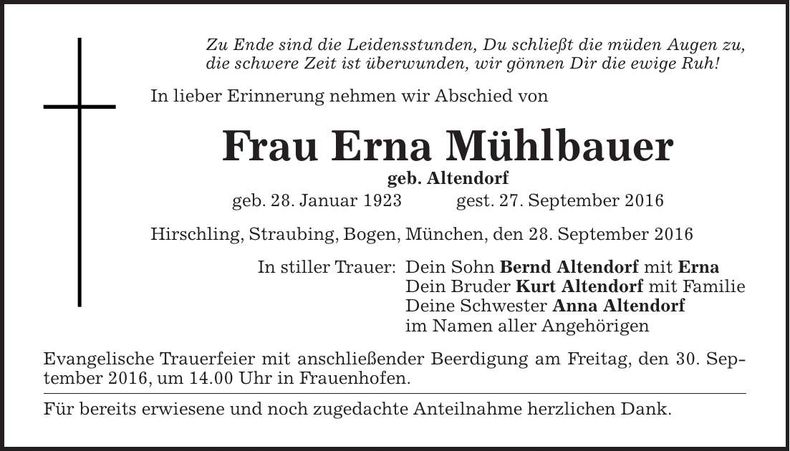 Traueranzeige Erna Mühlbauer