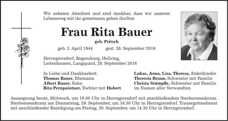 Traueranzeige Rita Bauer