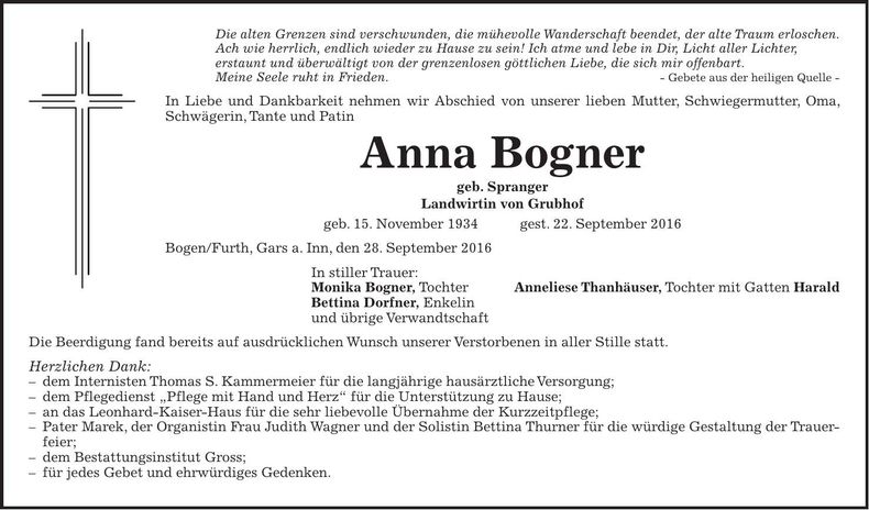 Traueranzeige Anna Bogner