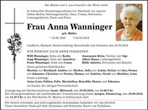 Traueranzeige Anna Wanninger