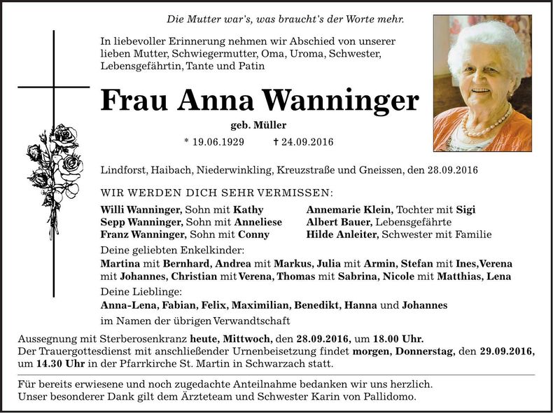 Traueranzeige Anna Wanninger