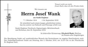 Traueranzeige Josef Wank