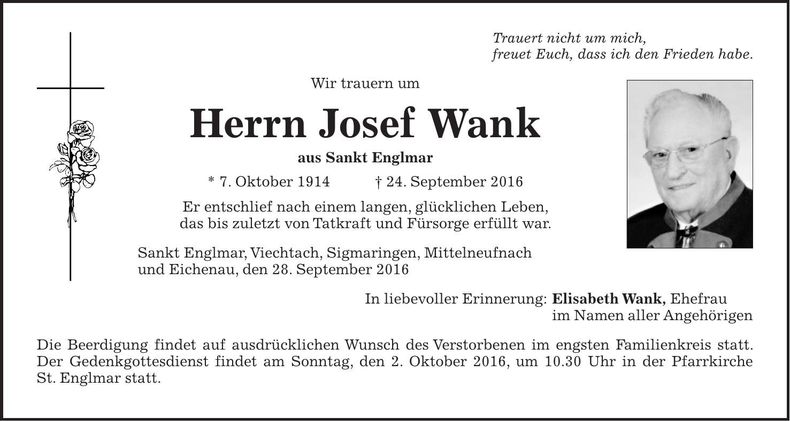 Traueranzeige Josef Wank