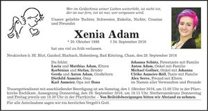 Traueranzeige Xenia Adam