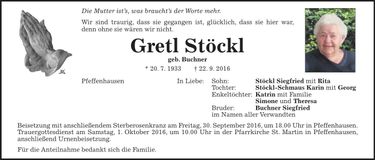 Traueranzeige Gretl Stöckl