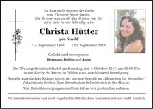 Traueranzeige Christa Hütter