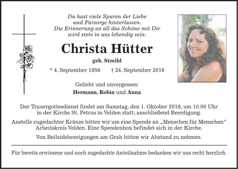 Traueranzeige Christa Hütter