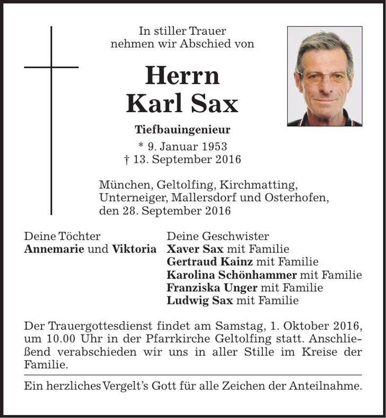 Traueranzeige Karl Sax