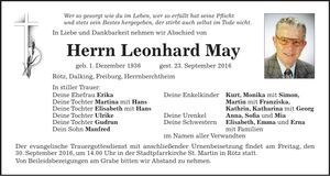 Traueranzeige Leonhard May