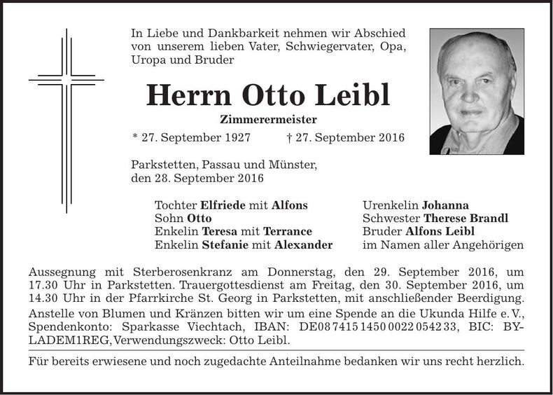 Traueranzeige Otto Leibl