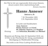 Traueranzeige Hanns Anneser