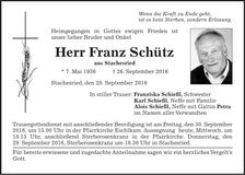 Traueranzeige Franz Schütz