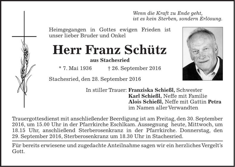 Traueranzeige Franz Schütz