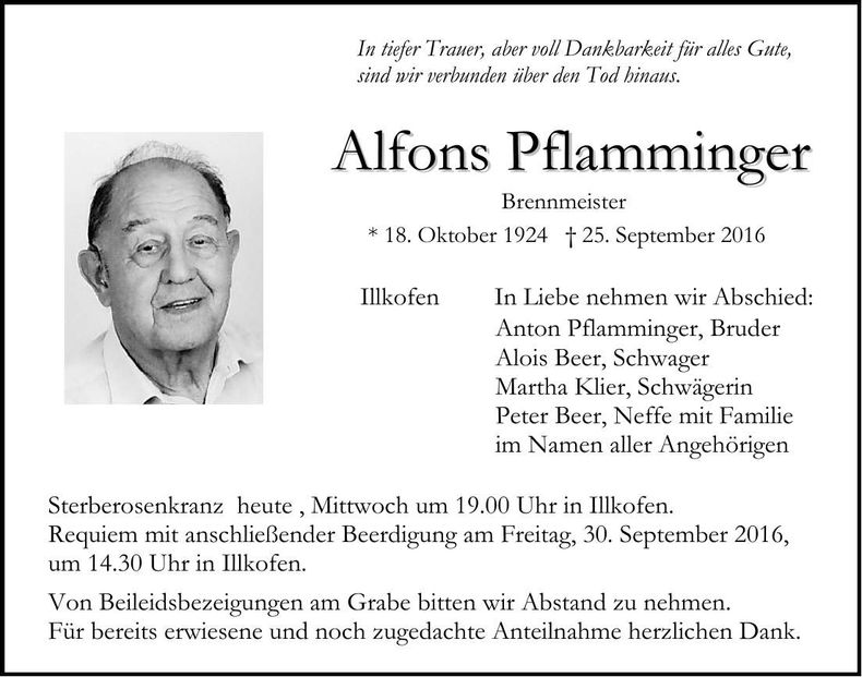 Traueranzeige Alfons Pflamminger