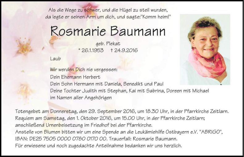 Traueranzeige Rosmarie Baumann