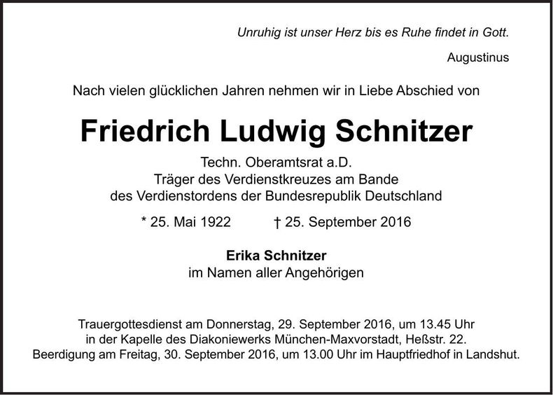 Traueranzeige Friedrich Ludwig Schnitzer