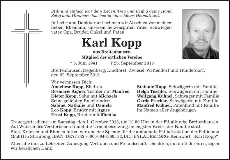 Traueranzeige Karl Kopp