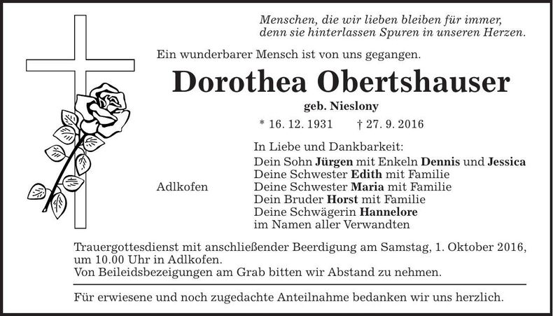 Traueranzeige Dorothea Obertshauser
