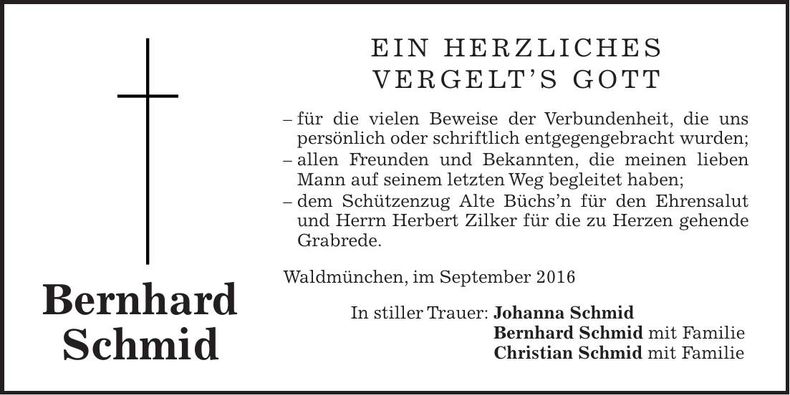 Traueranzeige Bernhard Schmid