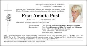 Traueranzeige Amalie Pusl