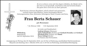 Traueranzeige Berta Schauer