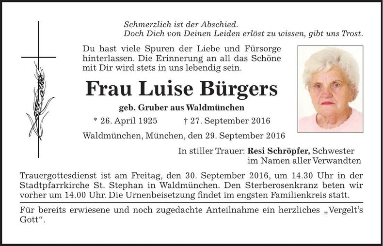 Traueranzeige Luise Bürgers