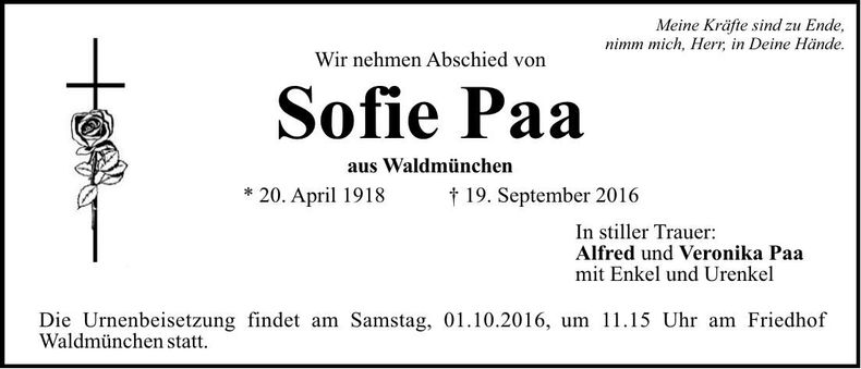 Traueranzeige Sofie Paa
