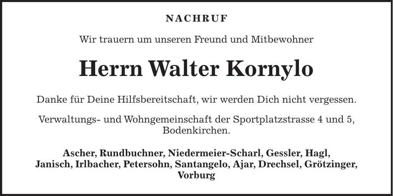 Traueranzeige Walter Kornylo
