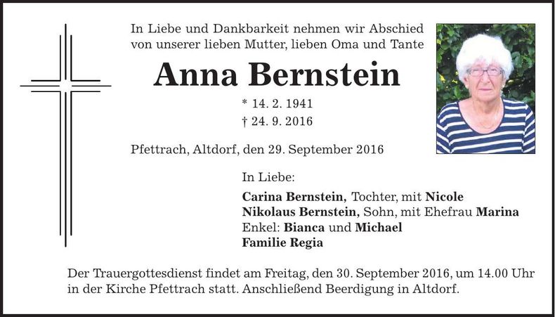 Traueranzeige Anna Bernstein