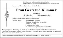 Traueranzeige Gertraud Klimmek