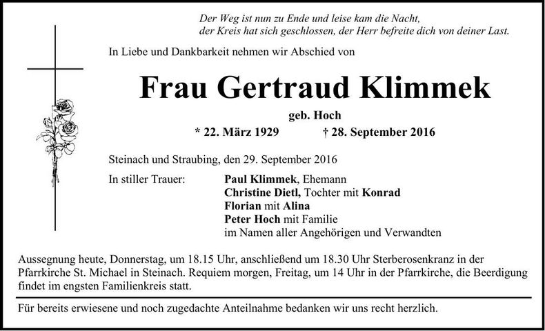 Traueranzeige Gertraud Klimmek