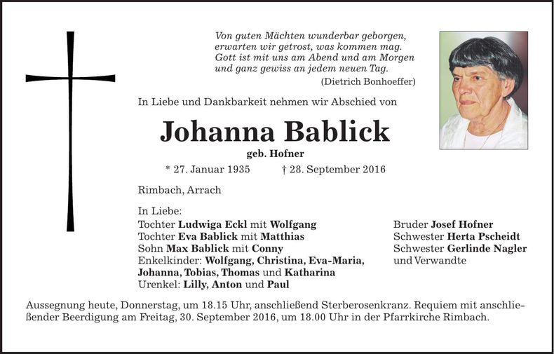Traueranzeige Johanna Bablick