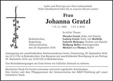 Traueranzeige Johanna Gratzl