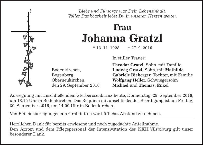 Traueranzeige Johanna Gratzl