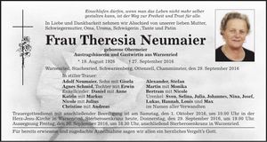 Traueranzeige Theresia Neumaier