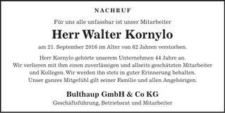 Traueranzeige Walter Kornylo