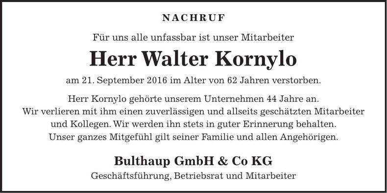 Traueranzeige Walter Kornylo