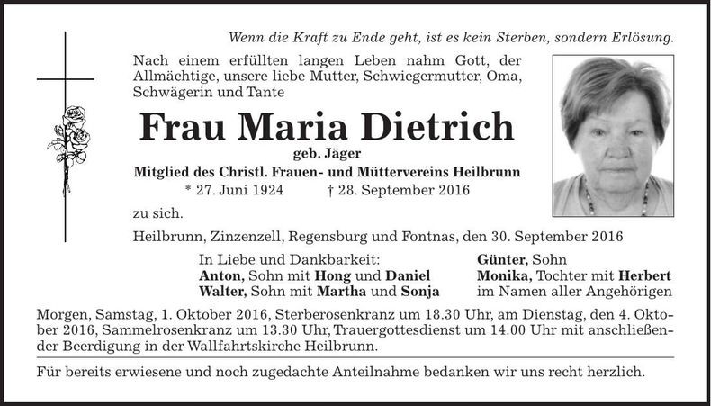 Traueranzeige Maria Dietrich