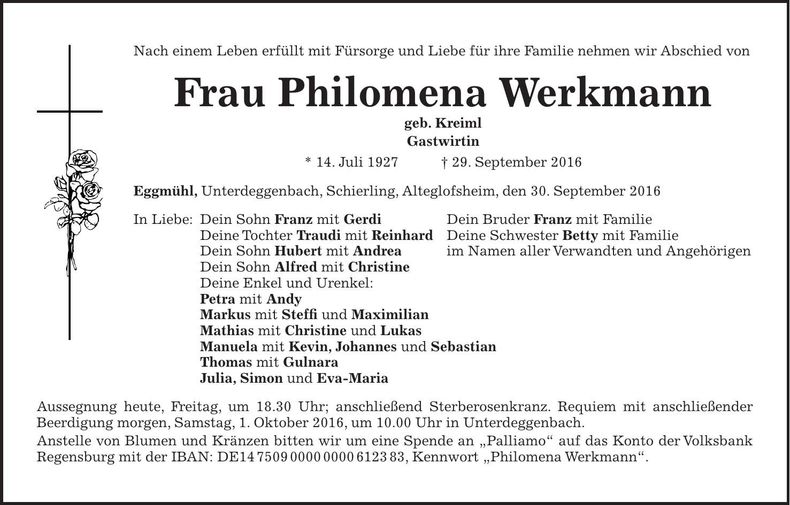 Traueranzeige Philomena Werkmann